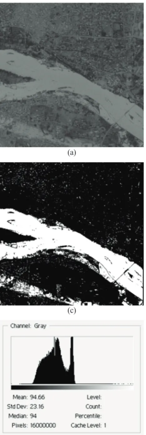 Fig. 2.  The NDWI and binary NDWI images (a) the NDWI image created from Kompsat-2 image (b) the NDWI image created from Kompsat-3 image (c) the binary NDWI image of Fig