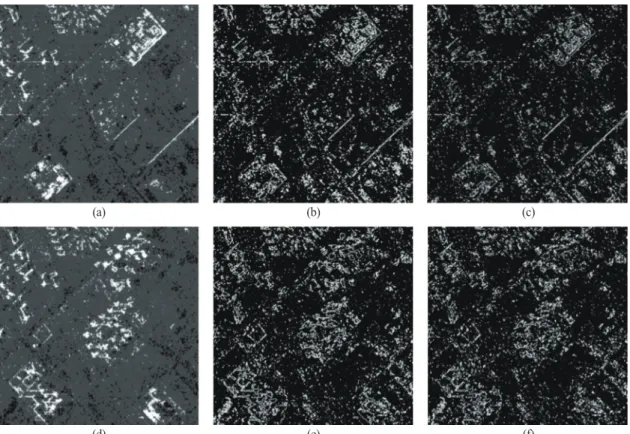 Fig. 6.  Texture images using GLCM: Mean (a), Variance (b) and Contrast (c) texture of before urbanization; Mean (d), Variance (e) and Contrast (f) texture of after urbanization.