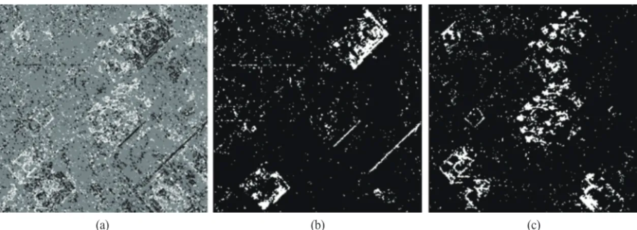 Fig. 8. (a) Sum of Difference Texture images, (b), (c) Result of change detection using GLCM texture features.