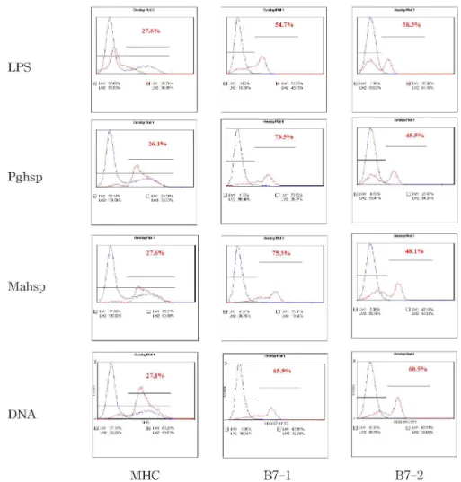 Figure 3. Overlay plot of flow cytometric analysis of peritoneal B cells. MHC expression was enhanced in the test group and the expression of B7-1 and B7-2 was pronounced in the test group