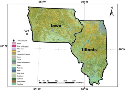 Fig. 1.  The Study site-consisting of Iowa and Illinois states derived from NASS Crop Data Layer (CDL)