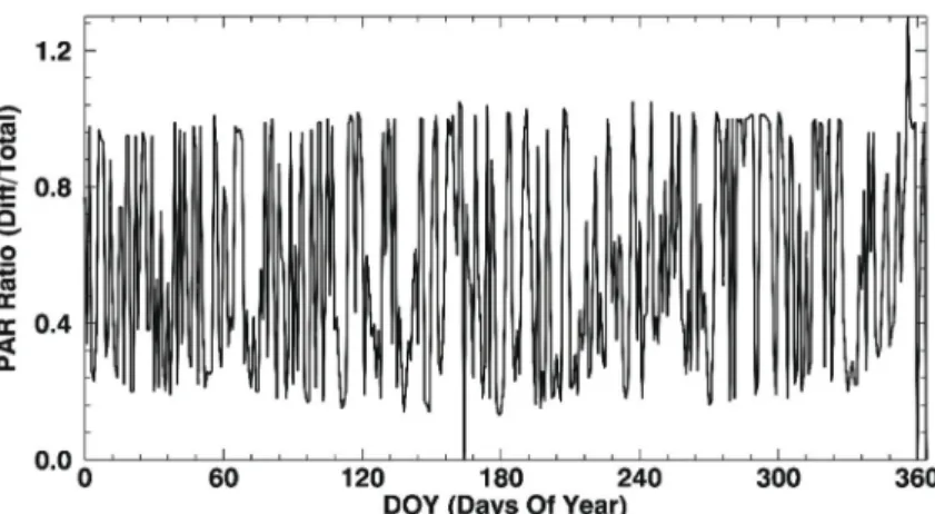 Fig. 2.  PAR-Ratio time series, i.e., the ratio of diffuse-to-total incident solar radiation, at Ne1 site in 2009