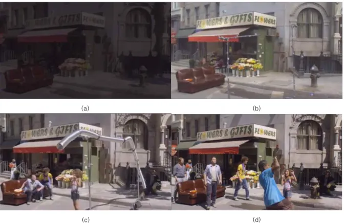 Fig.  2.  Each  plate  example  for  CG  and  special  effect  of  movie  scene:  (a)tree  plate,  (b)tracking  plate,  (c)reference  plate,  (d)main  plate