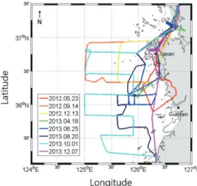 Fig. 1.  Study area and routes of flight (2012.05.23-2013.12.07).