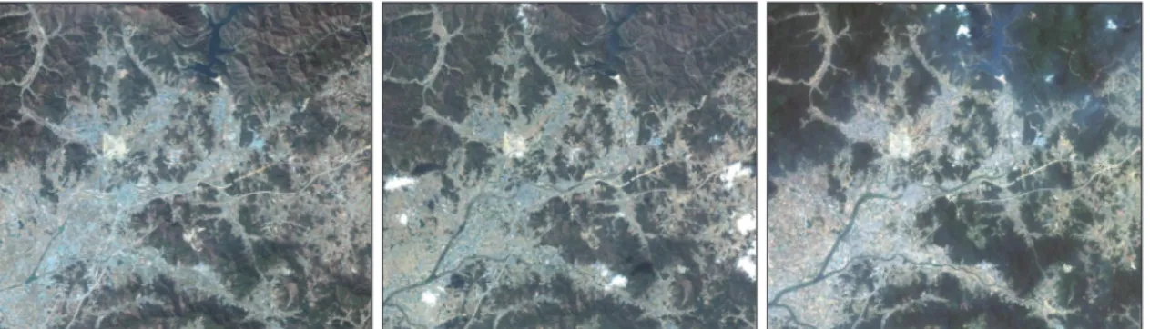 Fig. 5.  First(left) and second image(right) obtained from KOMPSAT-3, GPS points in the Yangsan.