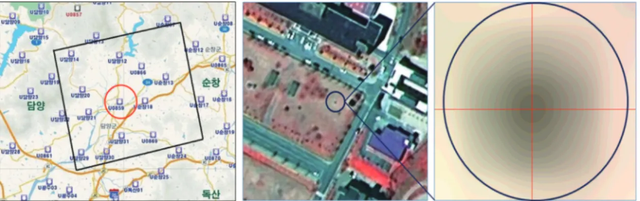 Fig. 6.  UCPs in the Damyang images(circle: U0859) by using NGII website(left), U0859 in first image(middle) and zoomed in the resampled U0859 by the cubic convolution(right).