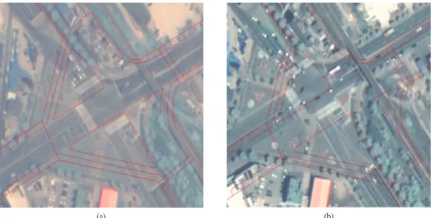 Fig. 4.  The comparison of road boundaries between orthorectified images using RFM only and terrestrial surveyed digital map (a) left image, (b) right image.