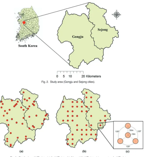 Fig. 3.  Distribution of NFI plots: (a) 3rd NFI data; (b) 5th and 6th NFI data; (c) geometry of a NFI plot.