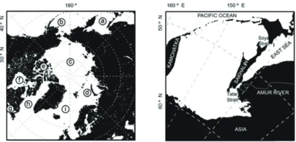 Fig. 1.  Equal-Area Scalable Earth Grid (EASE-Grid) north azimuthal equal area map (left) and Sea of Okhotsk (right)