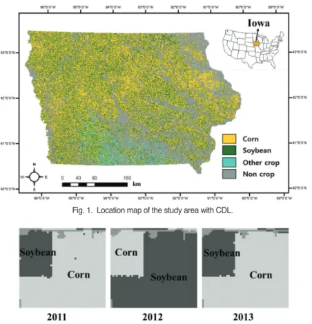 Fig. 2.  An example of shifting cultivation of corn and soybean between 2011 and 2013.