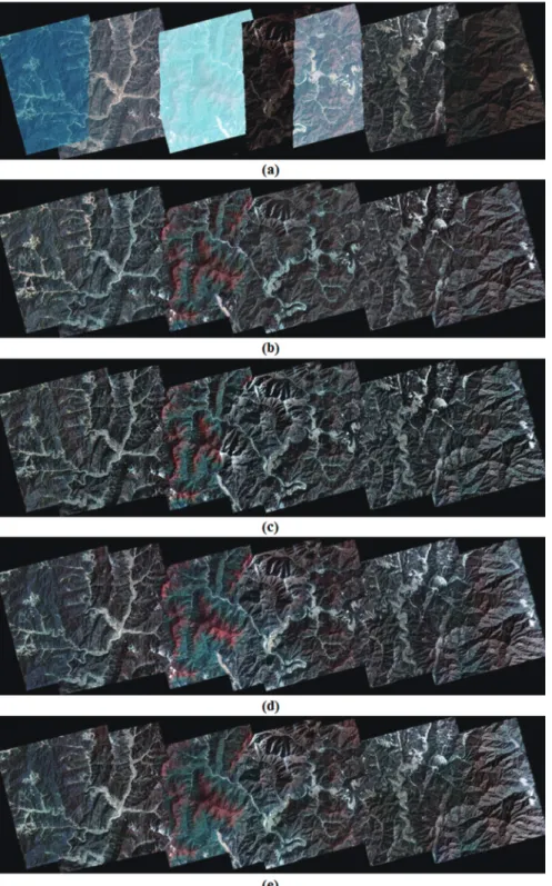 Fig. 3.  Comparison between mosaic method for 7 KOMPSAT-2 scenes: (a) Standard image, (b) AdaptFilt_Overlap, (c) AdaptFilt Histogram, (d) Global_Old_Local, (e) Global_New_Local.