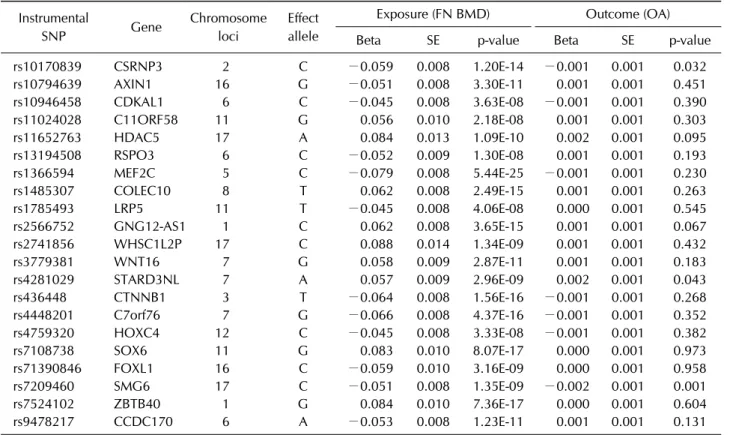 Table 1. Instrumental SNPs associated with femur neck BMD and OA GWASs Instrumental  SNP Gene Chromosomeloci Effect allele