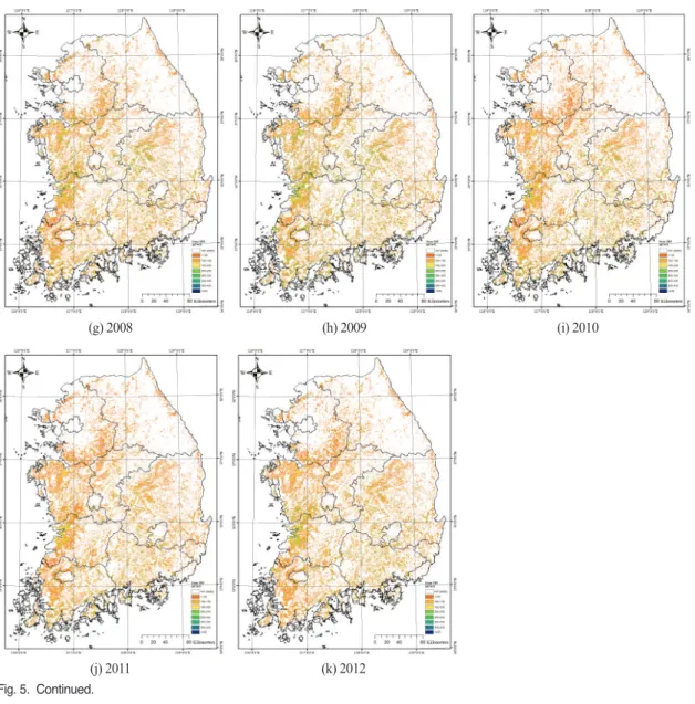 Fig. 6.  Variation of NPP pattern using CASA model.Fig. 5.  Continued.(j) 2011 (i) 2010(g) 2008(h) 2009(k) 2012