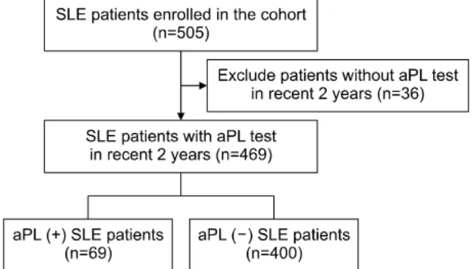 Figure 1. Patient selection flow. SLE: systemic lupus eryth- eryth-ematosus, aPL: antiphospholipid antibody.