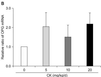 Figure 8. Effects of compound K (CK) on receptor activator of  nuclear factor-κB ligand (RANKL) and osteoprotegerin  (OPG) mRNA expression in the hind feet of therapeutic  models