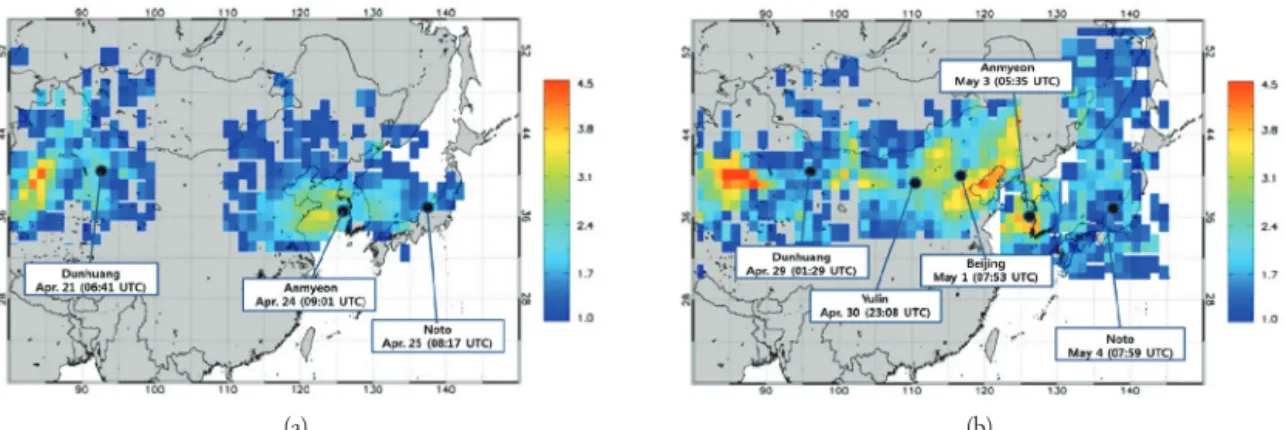 Fig. 6.  The variation of single-scattering albedo and particle size distribution according to transportation of Asian dust occurred on April 21 and 29 2001.