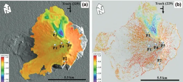 Fig. 9. (a)  Selected  temporarily coherent points(=21,579) and (b) TCP network(=146,670) from local Delaunay triangulation used for TCPInSAR technique.