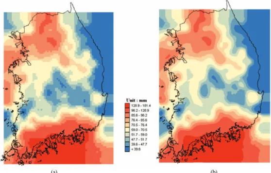 Fig. 6.  Geostatistical integration results at the target resolution of (a) 5 km, (b) 1 km.