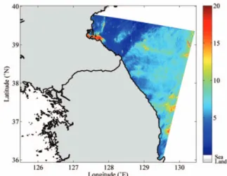 Fig. 4.  Distribution of wind speed(m/s) from ALOS PALSAR data off the east coast of Korea at 02h 05m on 11 August 2007 by using L-band HH GMF algorithm.