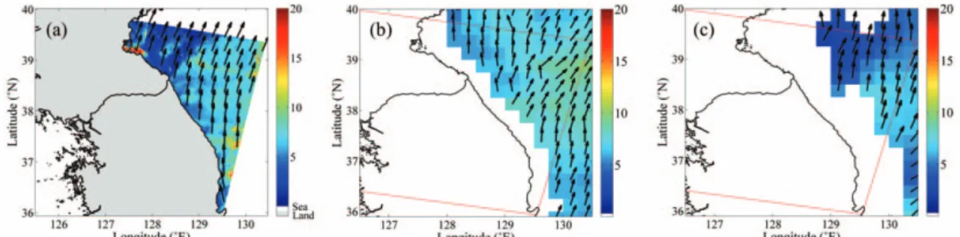 Fig. 6은 각각 L밴드 SAR 영상과 QuikSCAT, ASCAT 관측자료로부터 산출한 해상풍 벡터 분포이다. QuikSCAT 산란계 해상풍과 비교해 볼 때 전체적으로 QuikSCAT 바람장이 높게 산출된 경향이 있으나, 바람 방향의 변화를 보았을 때 전체적으로 남쪽에서 남풍이 불어오면서 북쪽으로 감에 따라 남서풍으로 변화가 일 어나고 있다