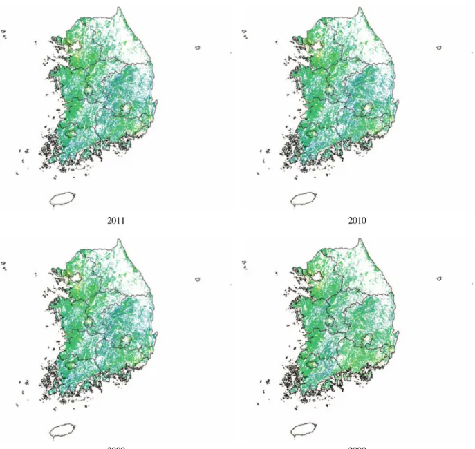 Fig. 4는 2002년에서 2010년 MODIS NDVI와 일조 시간 1, MODIS NDVI와 일사량 2를 이용하여 각각 추 정한 연도별 쌀 수량과 통계청 쌀 수량 통계 자료를 비 교한 결과이다
