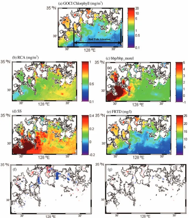 Fig. 5.  Maps of (a) GOCI chlorophyll-a concentration (mg/m 3 ) on August 5, 2012 included red tide information