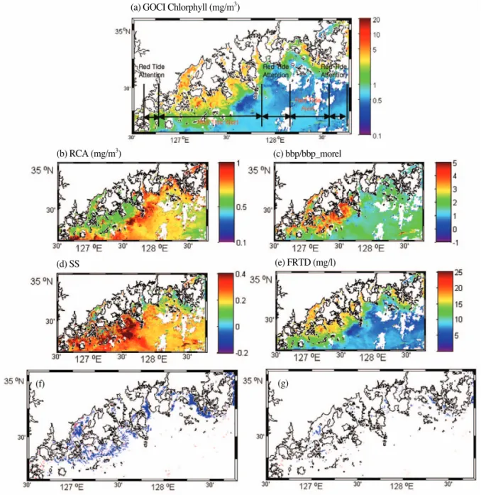 Fig. 6.  Maps of (a) GOCI chlorophyll-a concentration (mg/m 3 ) on August 18, 2012 included red tide information