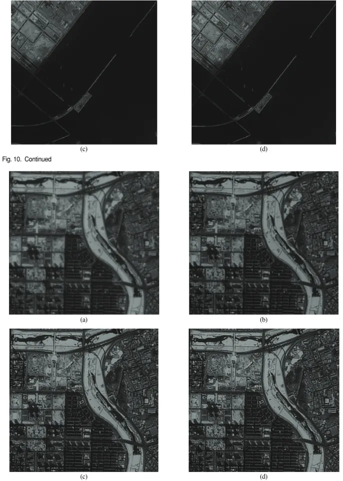 Fig. 11.  Original and restored images of Incheon. (a) original image, (b) restored image with Pseudo Inverse Filter, (c) restored image with Wiener Filter, (d) restored image with Modified Wiener Filter.