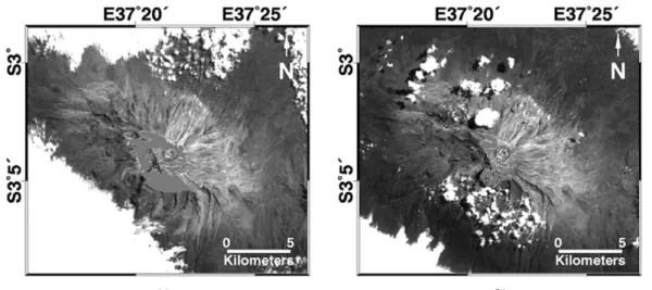 Fig. 5.  Result of applying the NDSI algorithm, 24 Jun. 1984 (a), 21 Jul. 2011 (b).