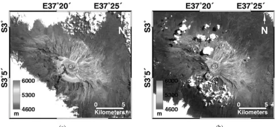 Fig. 7.  Result of snow cover area and lower elevation, 24 Jun. 1984 (a), 21 Jul. 2011 (b).