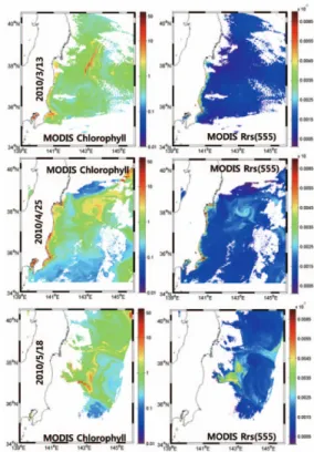 Fig. 6.  To determine the difference of the oceanic environment, especially offshore between spring 2010 and 2011, MODIS chlorophyll and Rrs(555) were shown and compared to Figs