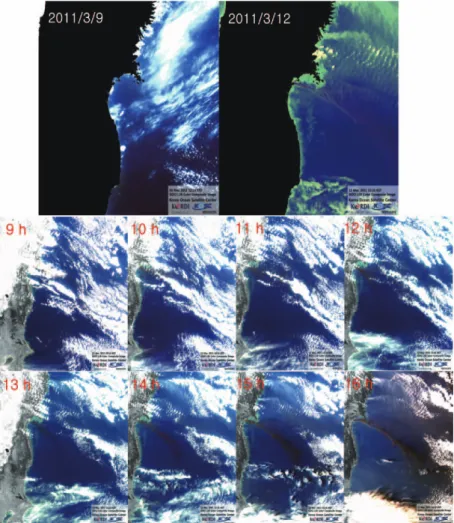 Fig. 2.  The true color composites before (March 9, 2011) and after (March 12, 2011) the tsunami (upper)