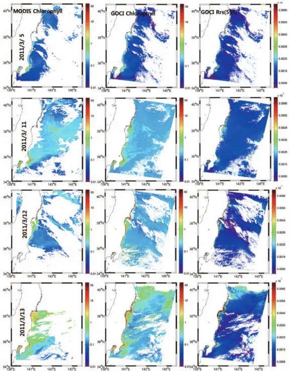 Fig. 4.  Comparison between MODIS and GOCI chlorophyll and Rrs(555). The tsunami influenced along the east coast of the Japan and occurred the increased chlorophyll concentration and suspended matter.