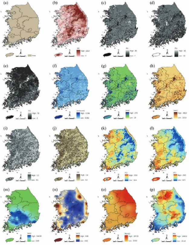Fig. 3.  Spatial distribution maps of input parameters; (a) simulation area, (b) elevation, (c) percentage of sand, (d) percentage of silt, (e) percentage of clay, (f) saturated water content, (g) wilting point, (h) field capacity, (i) rooting depth, and (