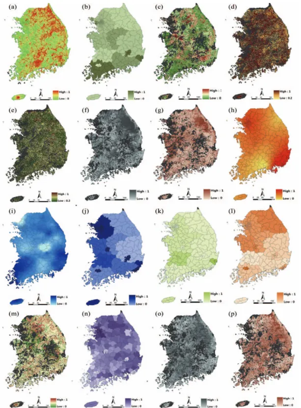 Fig. 2.  Spatial distribution and Mapping of Vulnerability Indicators; (a) Slope, (b) Rates of forest conversion, (c) Vegetation distribution changing frequency, (d) Forest density, (e) Forest age-class, (f) NPP variability, (g) SCS variability, (h) Variat