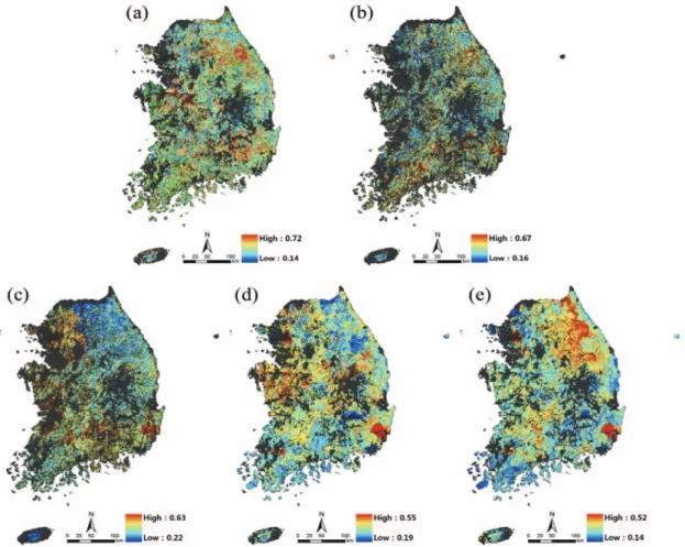 Fig. 3.  Distribution map of each Criteria; (a) Sensitivity(current), (b) Sensitivity(future), (c) Exposure, (d) Adaptive capacity(current), (e) Adaptive capacity(future).