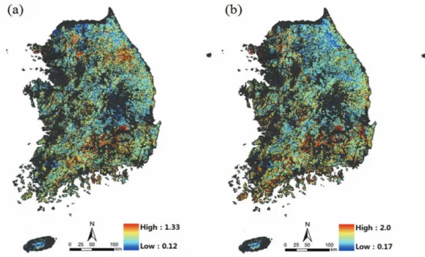 Fig. 4.  Results of the Forest vulnerability Assessment; (a) Current, (b) Future.