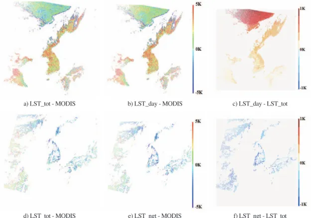 Fig. 8 shows a spatial distribution of LST differences between LST from MTSAT-2 and LST from MODIS over the Korean peninsula at nighttime and daytime