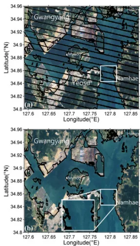 Fig. 6.  Landsat RGB composite image (a) with stripes and (b) without stripes over the study region taken on 19 Sep.