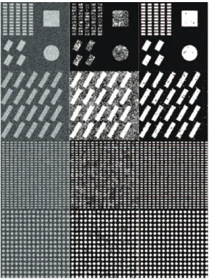 Fig. 11.  Examples of Simulation images of SNR = 3.0 from 4 patterns and class maps produced when using Linking without neighbor lines (center) and NL-Linking with Nlen = 2 and Nord = 3 (right).