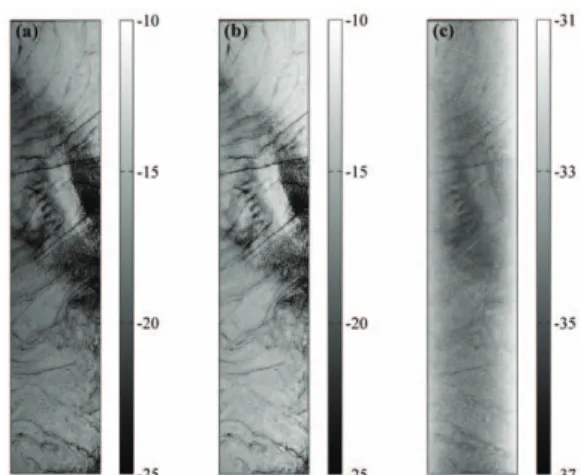 Fig. 3.  Images of SIR-C normalized radar cross section (s 0 ) values (dB) acquired by (a) HH-polarization, (b)  VV-polarization, and (c) HV-polarization