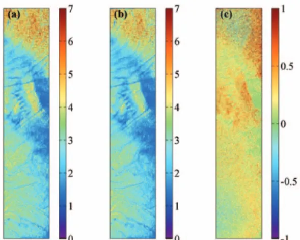 Fig. 9.  (a) NRCS from C-band HH-polarized SIR-C data and (b) wind field retrieved from converted pseudo VV-polarized data.