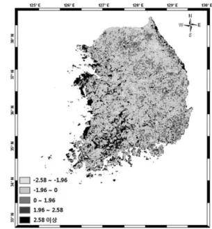 Fig. 6.  Spatial autocorrelation index (Gi*) for the probability of land cover changes.