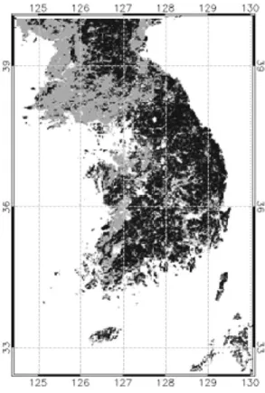 Fig. 1.  MODIS land cover map of the study area delineated in grey color (cropland) and black color (forest).