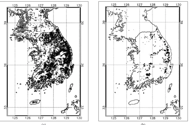 Fig. 4.  Result of filtering black clored points are selected pixel on forest and grey clored points are selected pixel on cropland; (a) unsupervised classification over the study area; (b) Sample pixel over the study area.