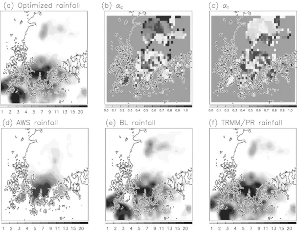 Fig. 6.  (a) The optimized rainfall (mm/h) distribution by the BL method. (b) and (c) show the optimal weighting coefficients for (b) ground-based radar and (c) the TRMM/PR