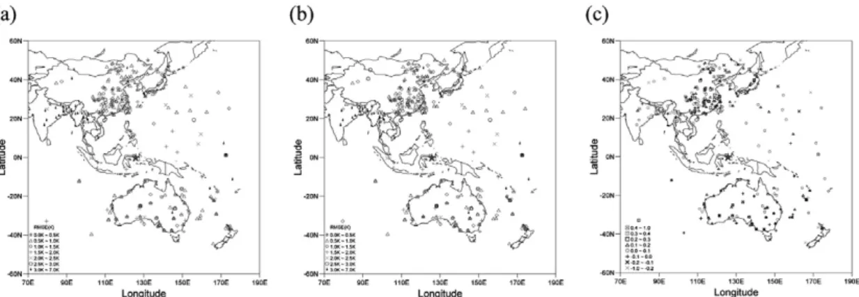 Fig. 9 shows the spatial distribution of RMSE and the improvement ratio in Wgt_LST at the each TIGR data points