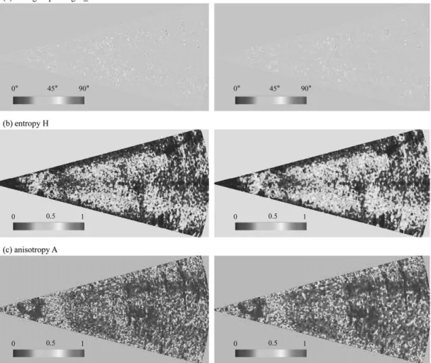 Fig. 5.  Roll-invariant parameters: The average alpha a angle, entropy H, and anisotropy A parameter images are applied with 3 window size during the decomposition processing and ones before (left) and after (right) the Lee refined speckle filtering.