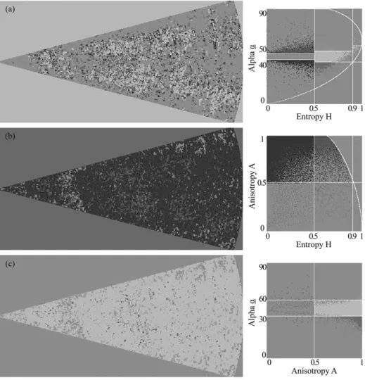 Fig. 7.  An example of the H/A/a polarimetric classification results in (a) H/a, (b) H/A, and (c) A/a plane using the Cloude and Pottier’s method applied with 3 window size before the Lee refined speckle filtering processing.