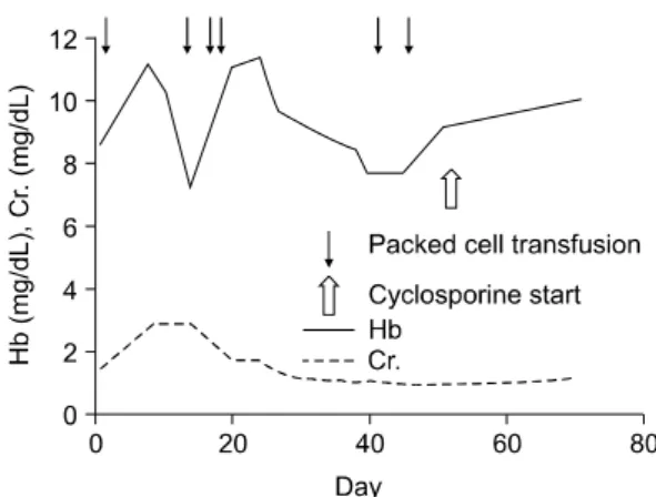 Fig.  2.  Serum  hemoglobin  and  creatinine  level  during  follow  up.